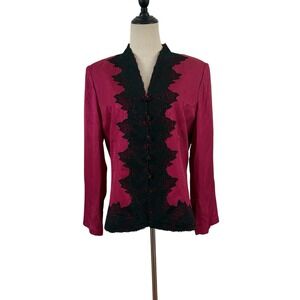 Vtg 80s Adrianna Papell Silk Jacket Sz‎ 14 Burgundy black Lace Trim Button Front